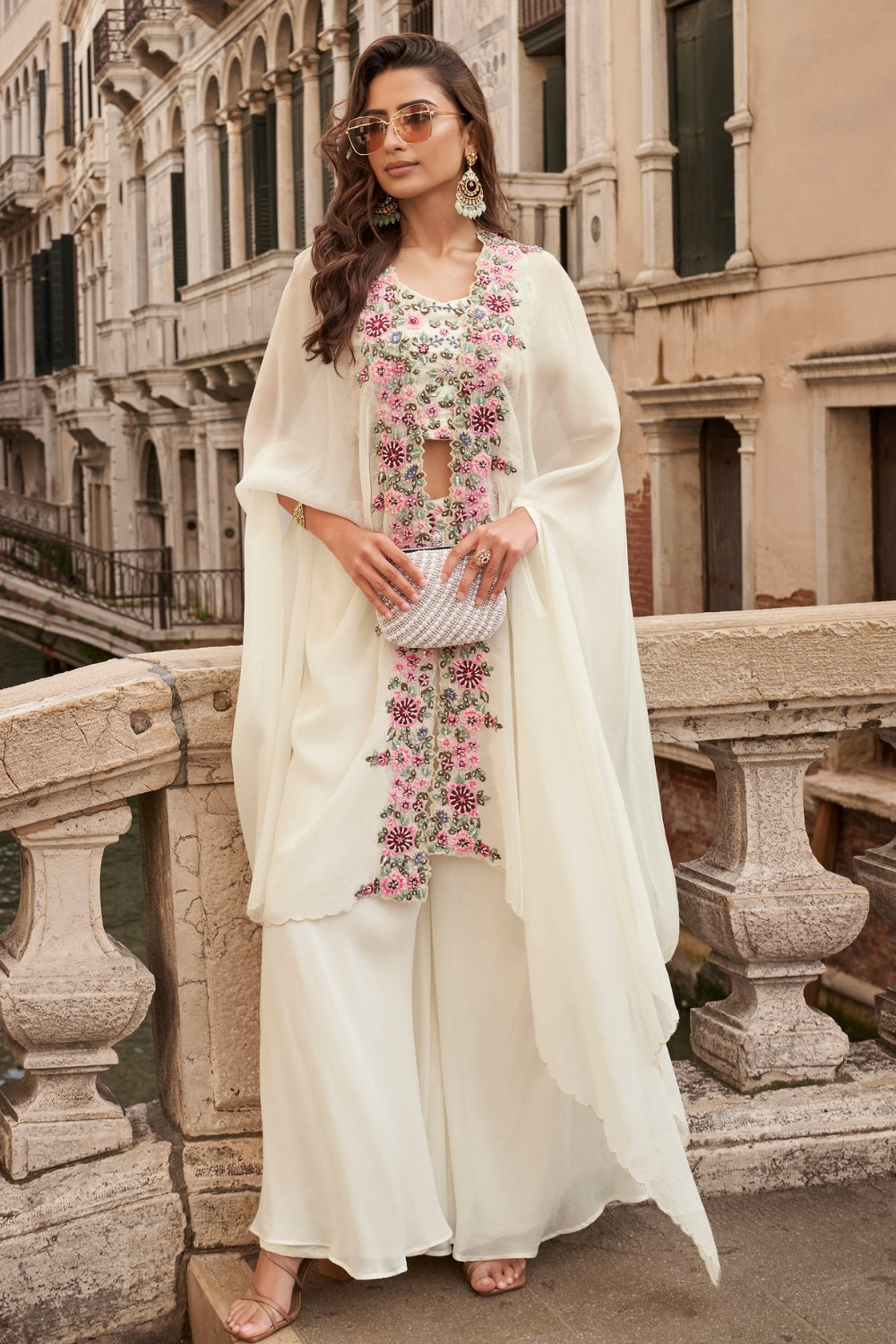 WHITE CHINON SILK INDO WESTERN WITH CUTDANA AND MOTI