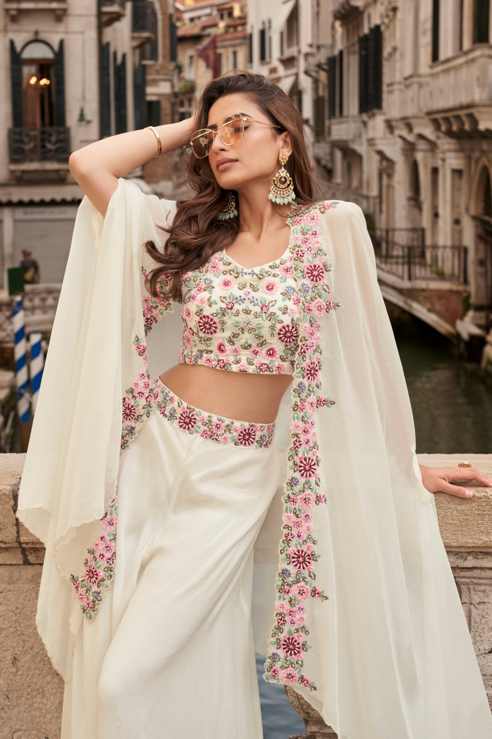 WHITE CHINON SILK INDO WESTERN WITH CUTDANA AND MOTI