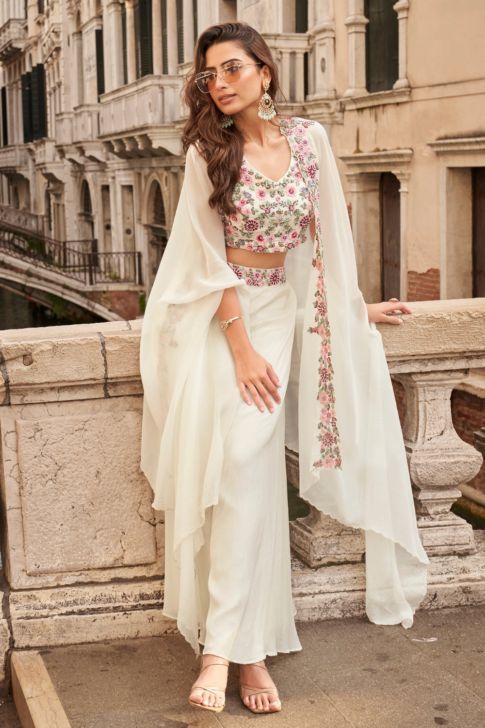 WHITE CHINON SILK INDO WESTERN WITH CUTDANA AND MOTI