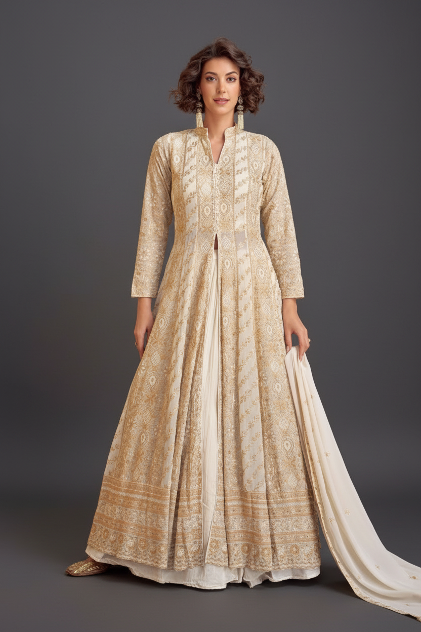 WHITE GEORGETTE INDO-WESTERN WITH EMBROIDERY
