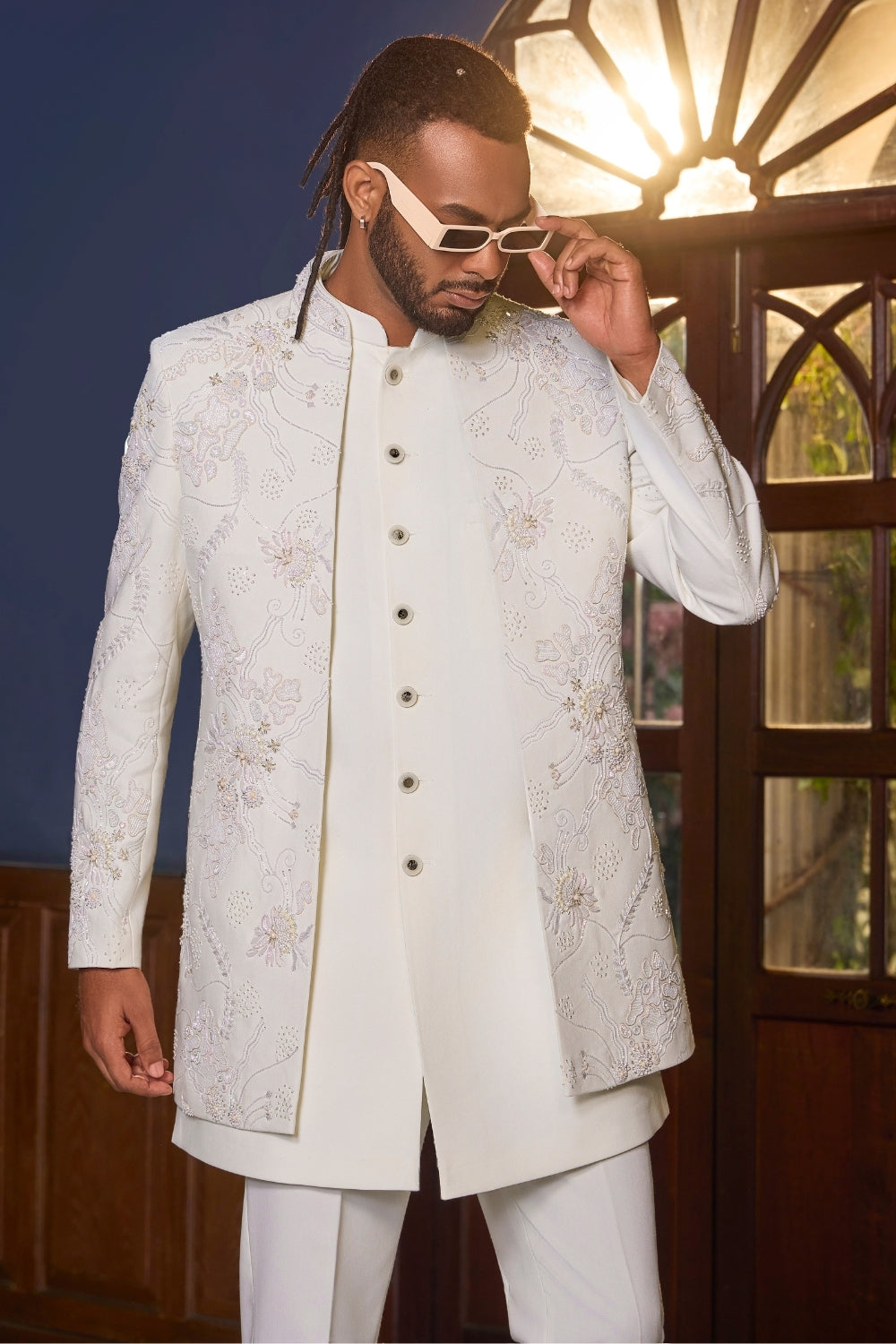 WHITE IMPORTED INDO WESTERN WITH CUTDANA AND ZARDOSI