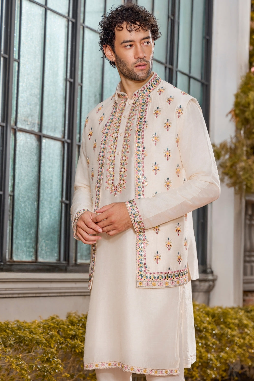 IVORY SILK INDO WESTERN WITH RESHAM EMBROIDERY AND SEQUINS