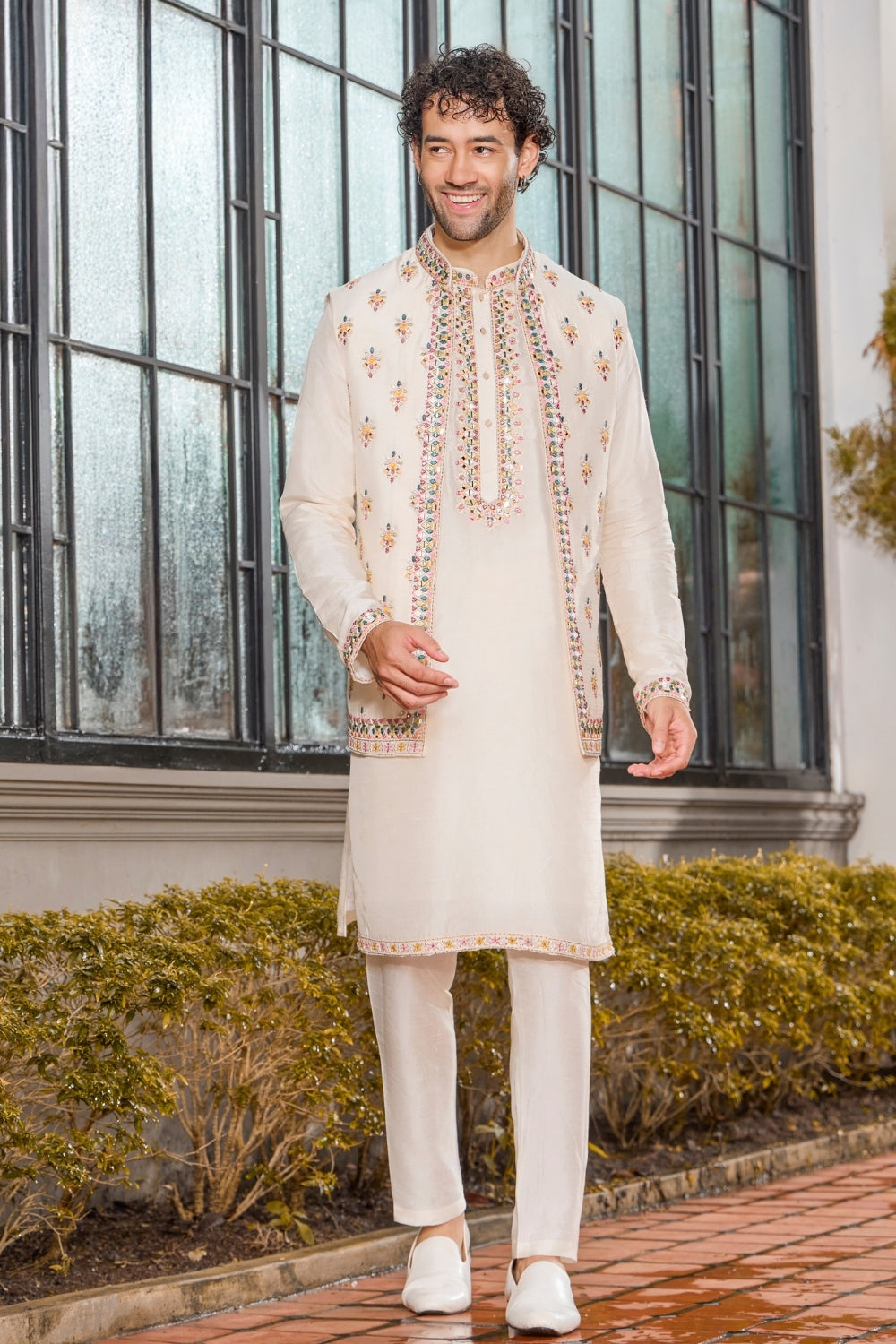 IVORY SILK INDO WESTERN WITH RESHAM EMBROIDERY AND SEQUINS