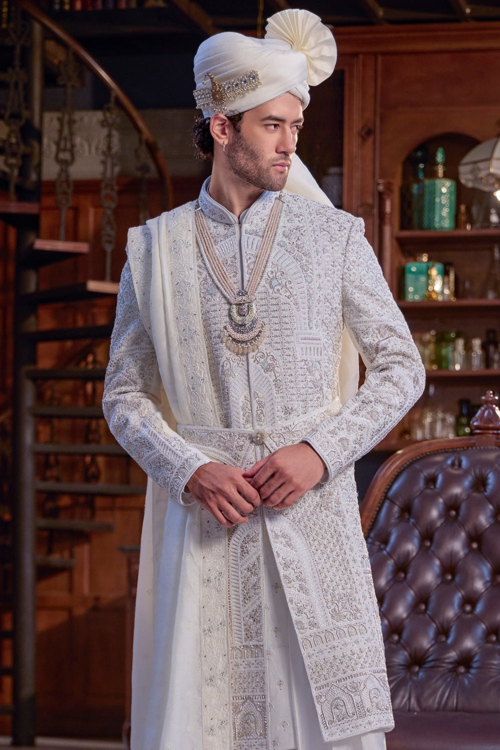 WHITE SILK SHERWANI WITH ZARDOSI AND CUTDANA