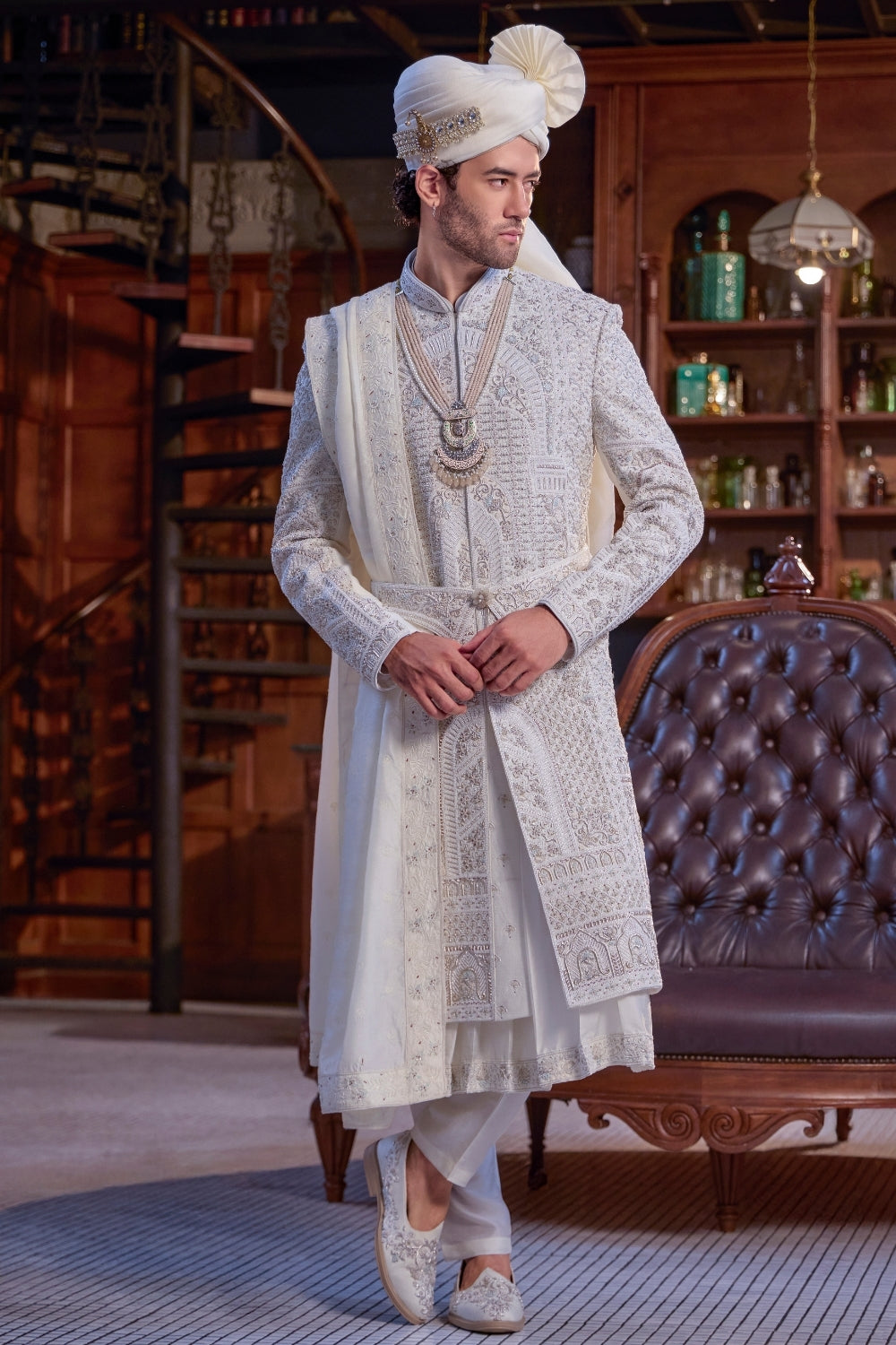 WHITE SILK SHERWANI WITH ZARDOSI AND CUTDANA