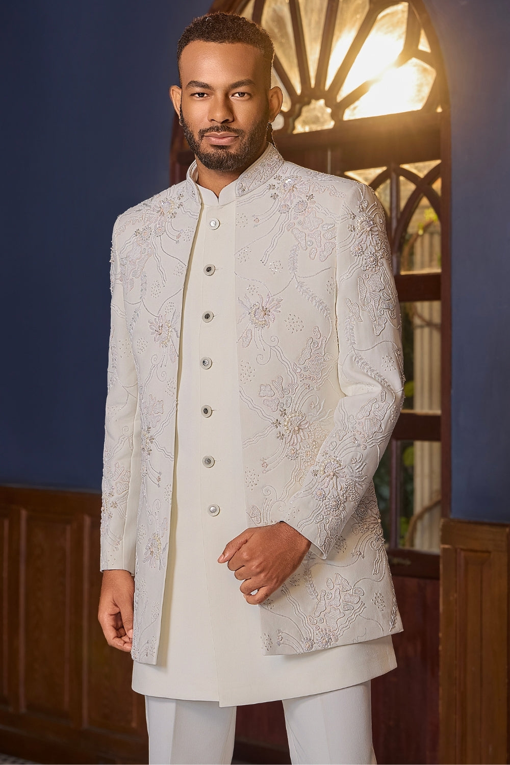 WHITE IMPORTED INDO WESTERN WITH CUTDANA AND ZARDOSI
