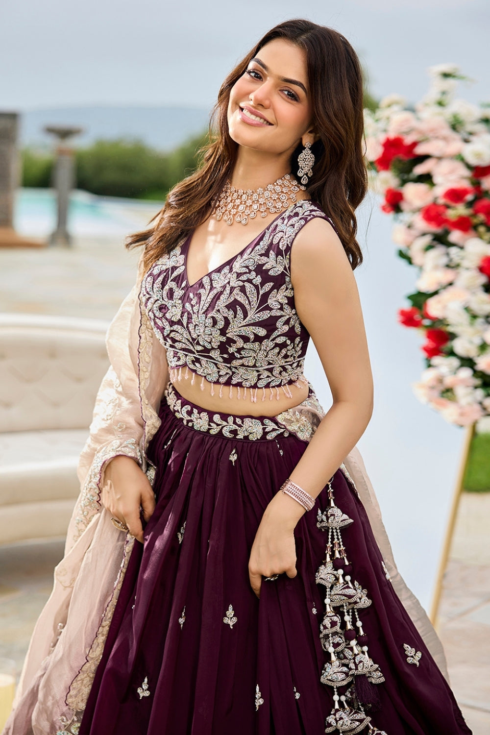 WINE SATIN SILK LEHENGA CHOLI WITH CUTDANA AND EMBROIDERY