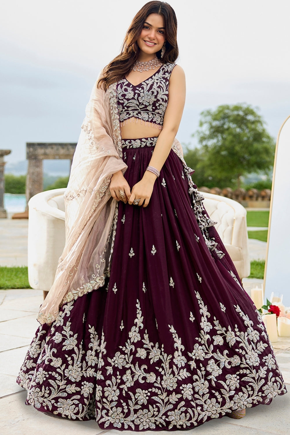 WINE SATIN SILK LEHENGA CHOLI WITH CUTDANA AND EMBROIDERY