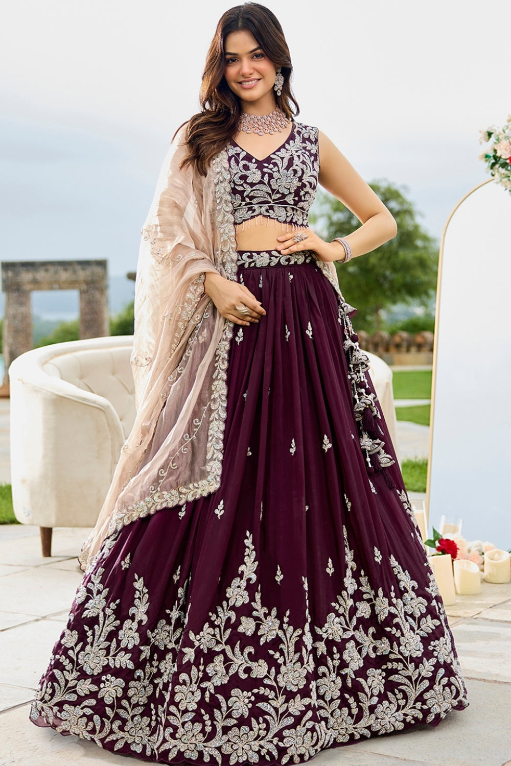 WINE SATIN SILK LEHENGA CHOLI WITH CUTDANA AND EMBROIDERY