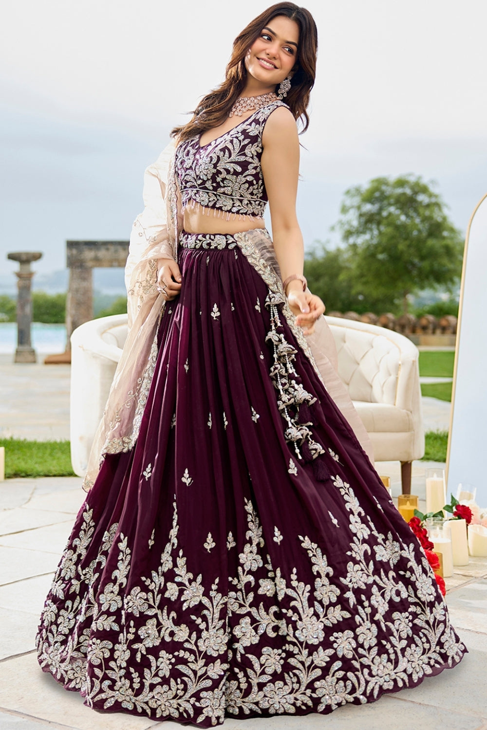 WINE SATIN SILK LEHENGA CHOLI WITH CUTDANA AND EMBROIDERY