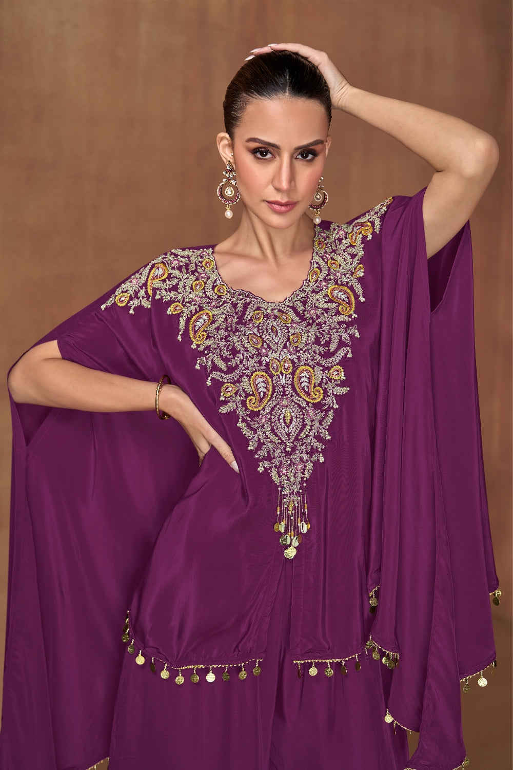 WINE SILK PALAZZO SUIT WITH RESHAM EMBROIDERY AND CUTDANA