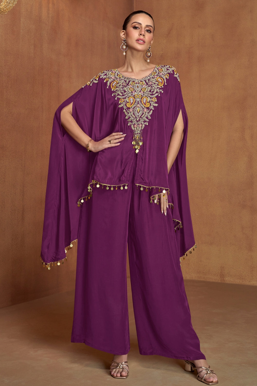 WINE SILK PALAZZO SUIT WITH RESHAM EMBROIDERY AND CUTDANA