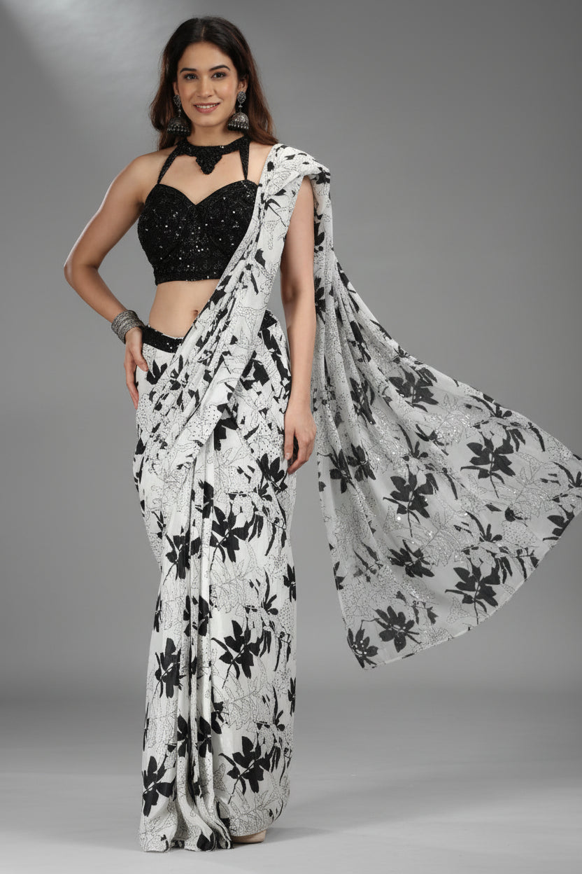 White Crepe Silk Drape Saree with Cutdana and Sequins Work