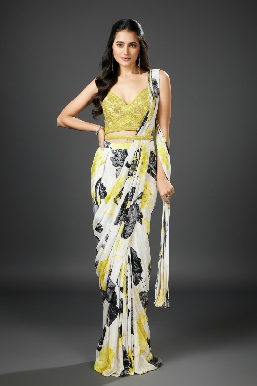 White Crepe Silk Floral Printed Readymade Saree