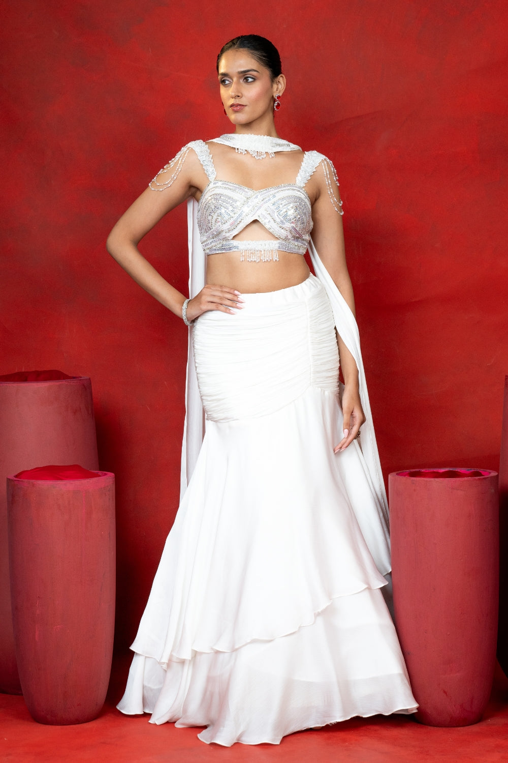 White Crepe Silk Lehenga Choli Set with Sequins and Cutdana Work