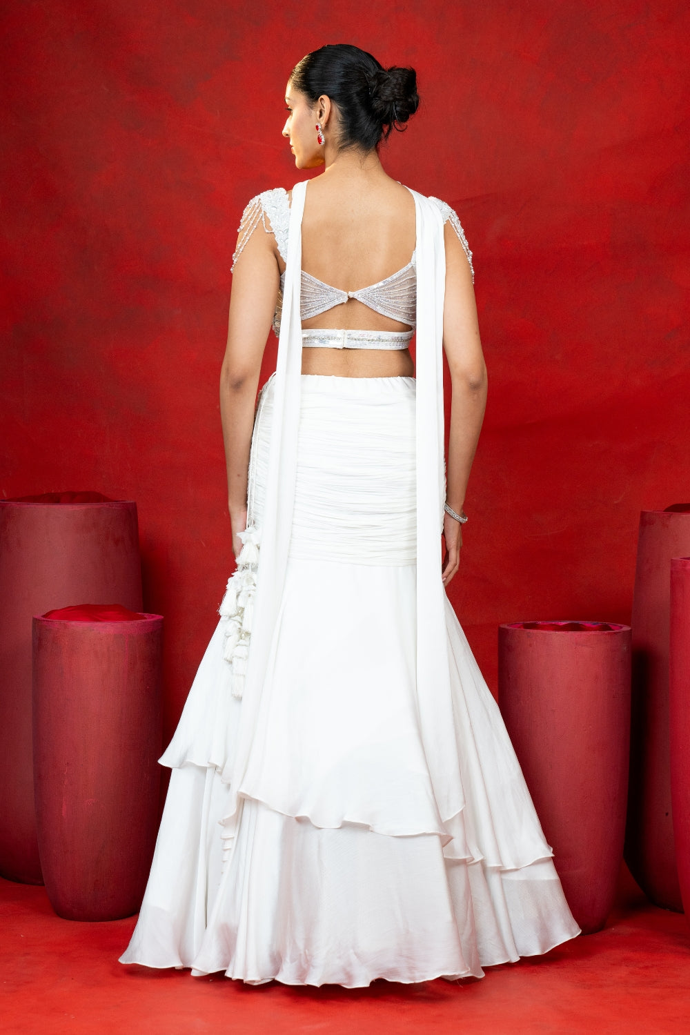 White Crepe Silk Lehenga Choli Set with Sequins and Cutdana Work