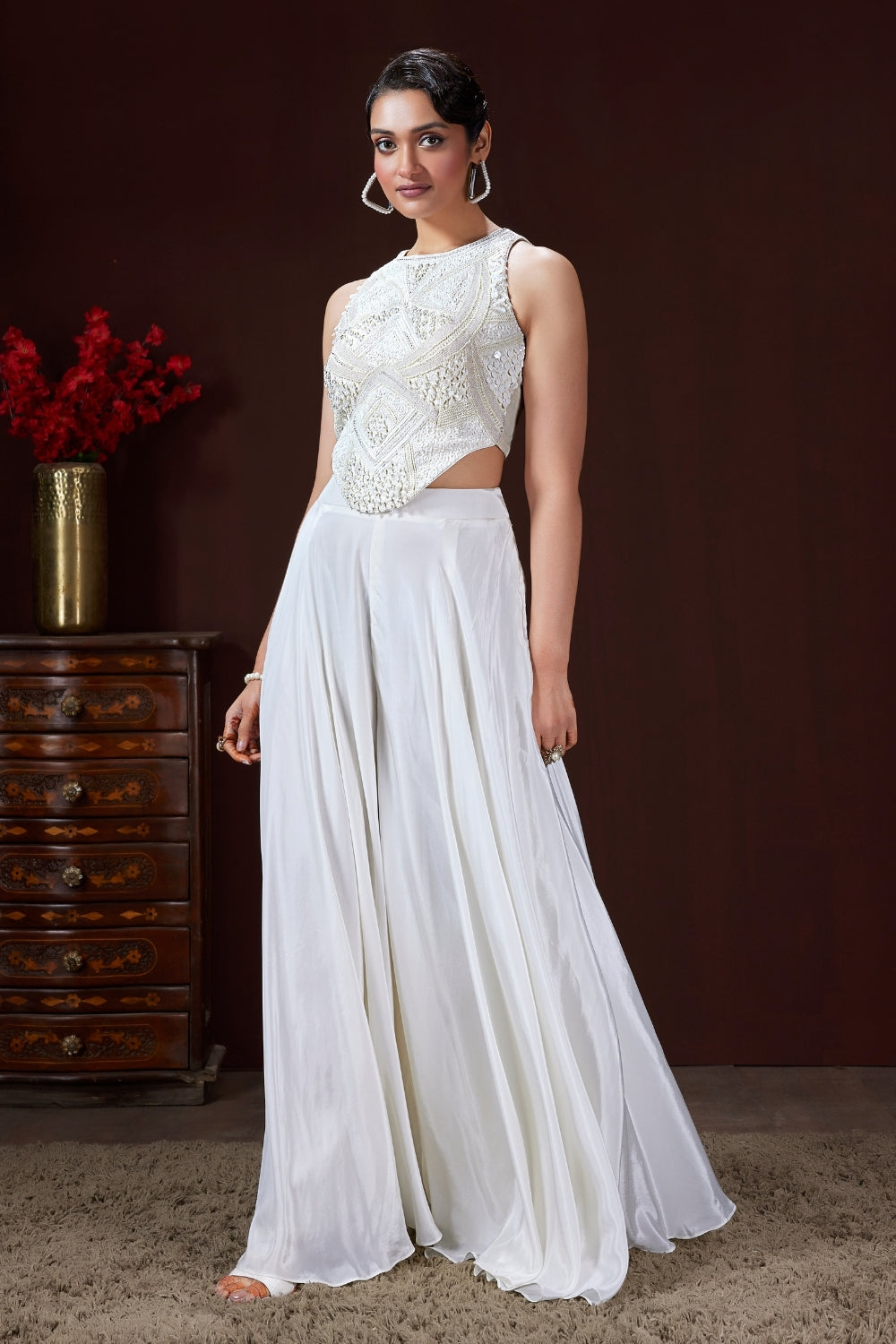 White Crepe Silk Palazzo Suit with Cutdana and Moti Work