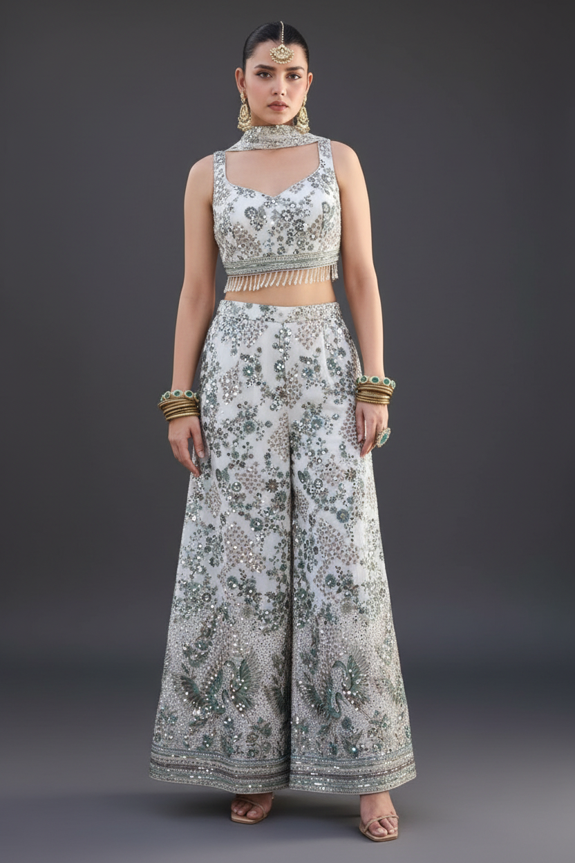 White Georgette  Palazzo Set with Mirror Work