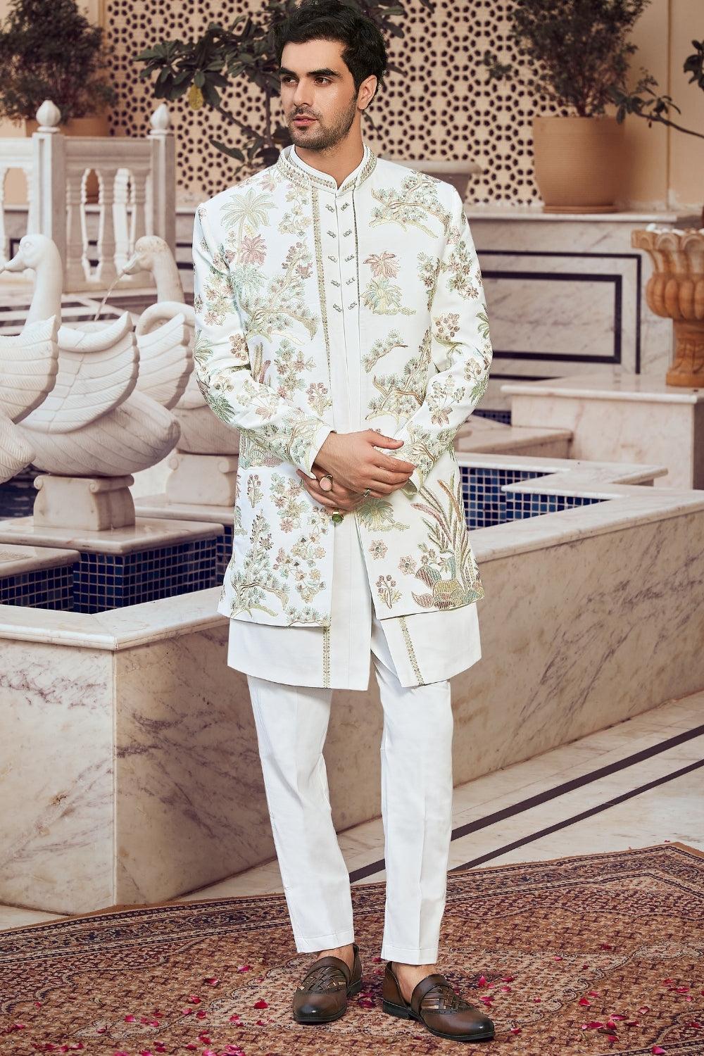 White Imported Indo Western with Sequins and Resham Embroidery