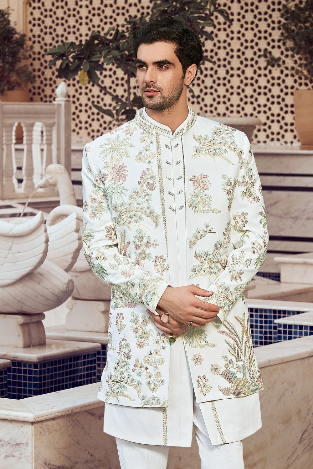 White Imported Indo Western with Sequins and Resham Embroidery