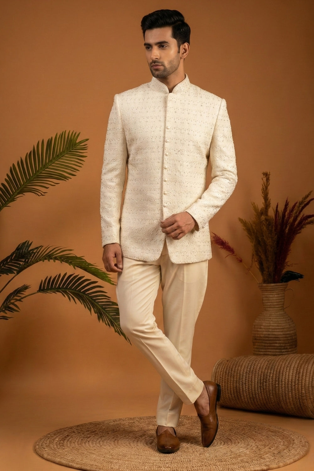 White Imported Jodhpuri Set with Moti and Sequins Work