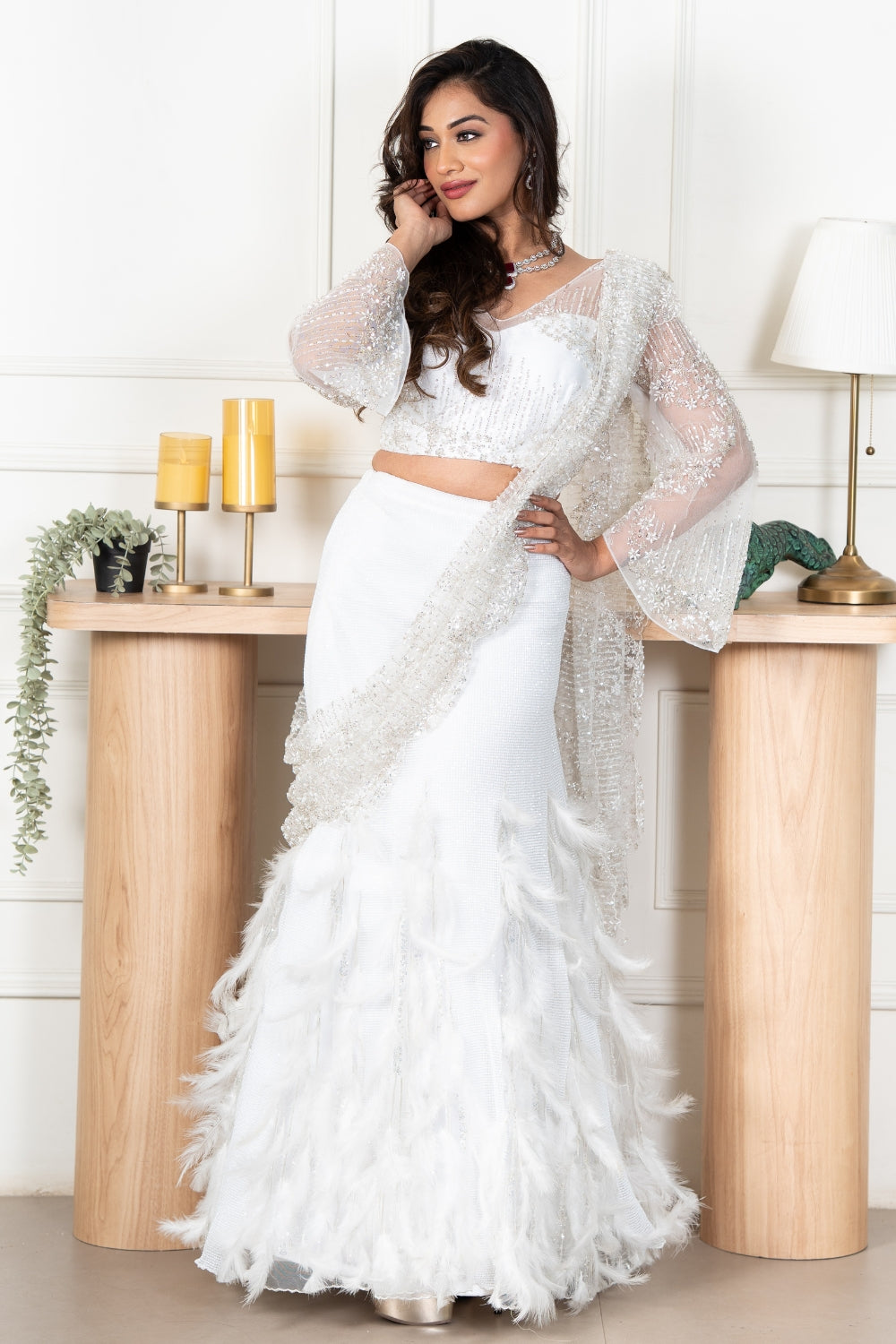 White Net Indo Western with Sequins and Pearl Work