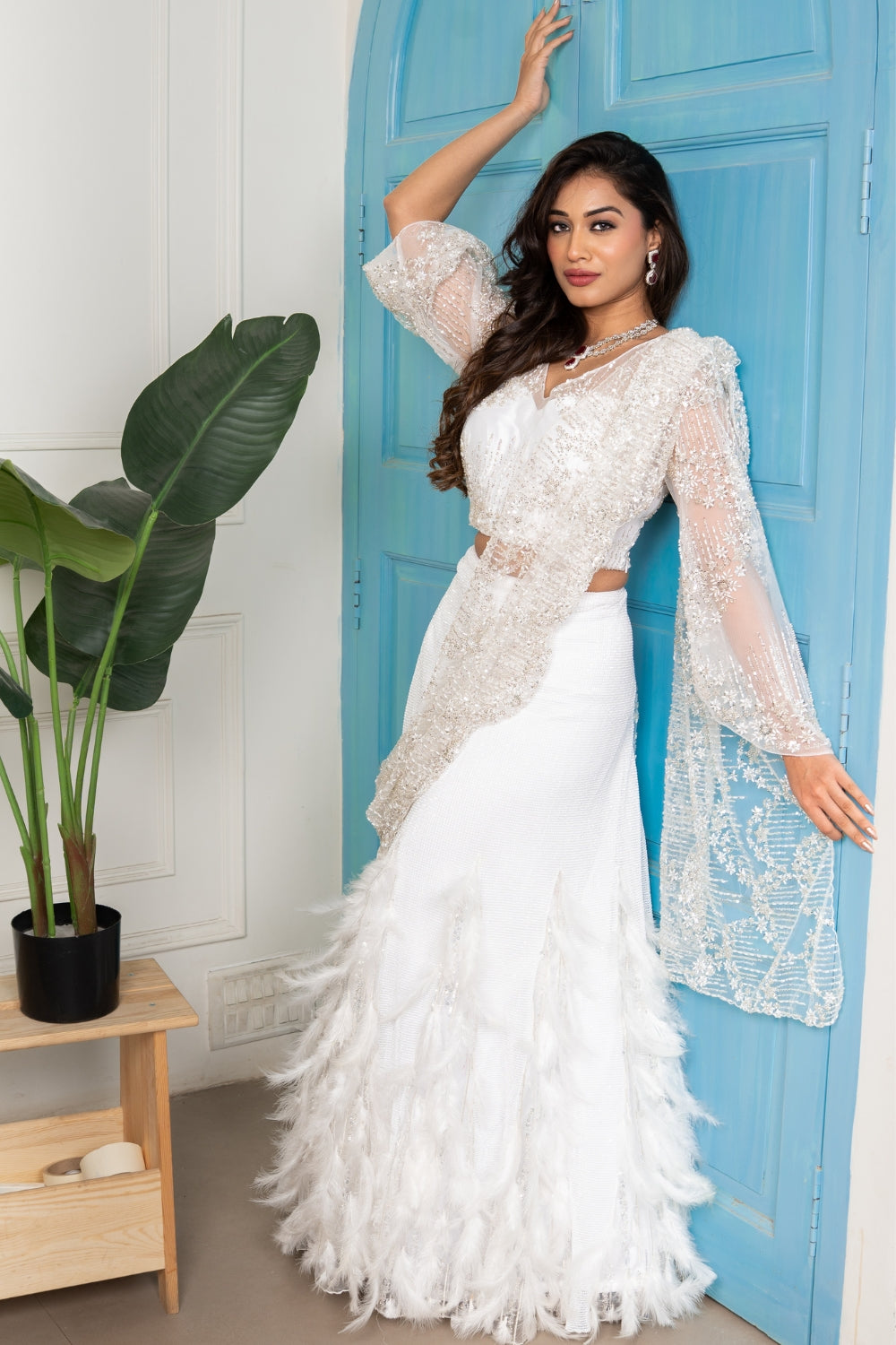 White Net Indo Western with Sequins and Pearl Work