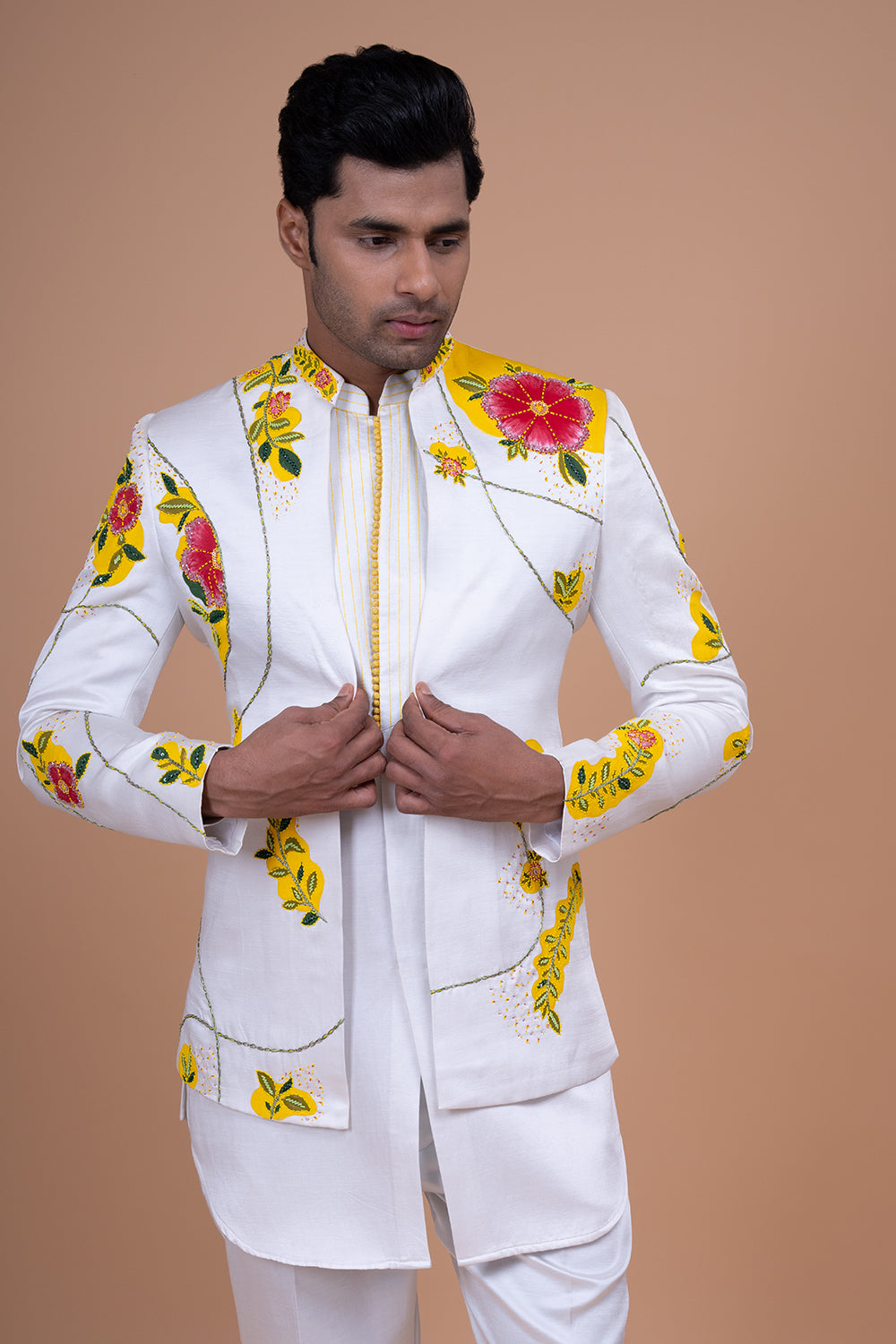 White Open Blazer with Bold Yellow Floral Print and Thread Border