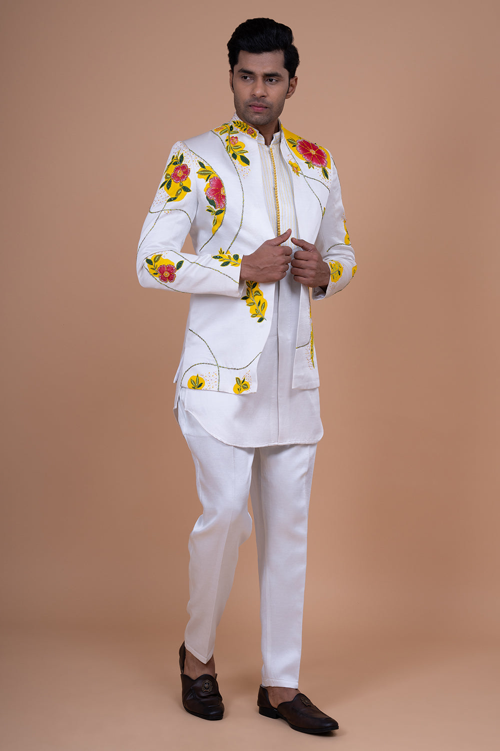 White Open Blazer with Bold Yellow Floral Print and Thread Border
