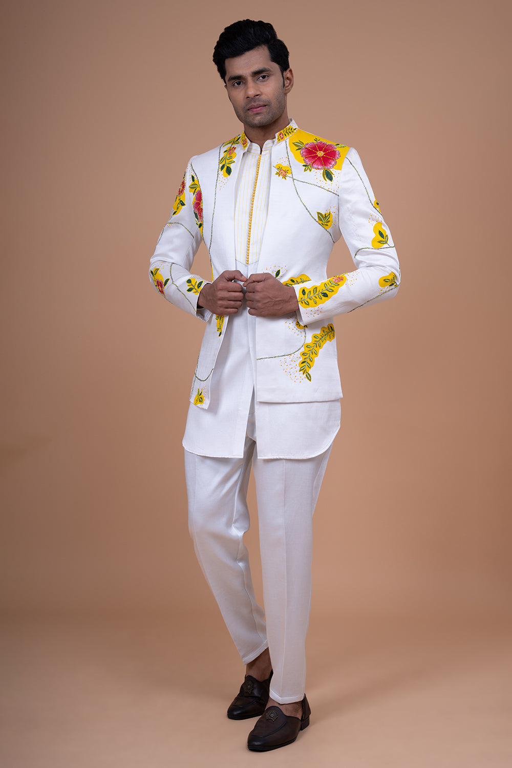 White Open Blazer with Bold Yellow Floral Print and Thread Border
