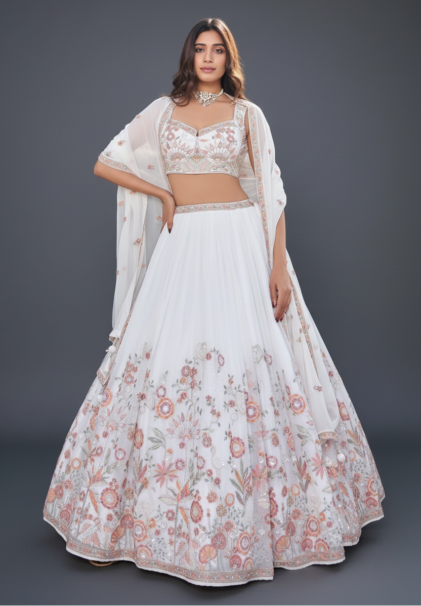 White Organza Lehenga Set with Moti and Sequins Work