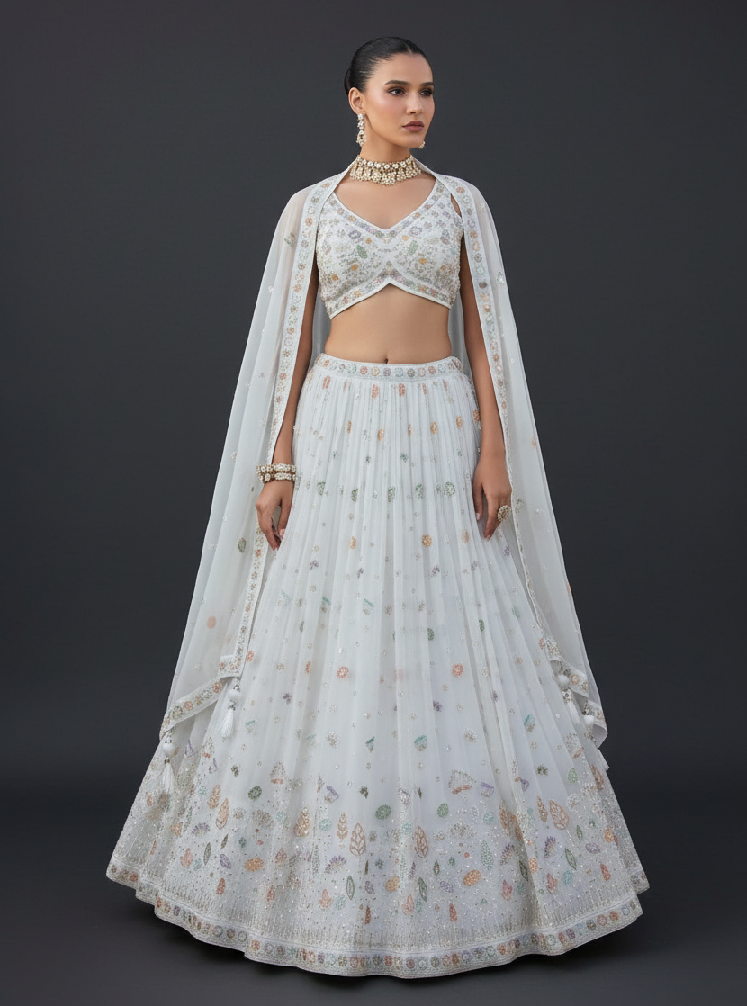 White Organza Lehenga Set with Zardosi and Moti Work