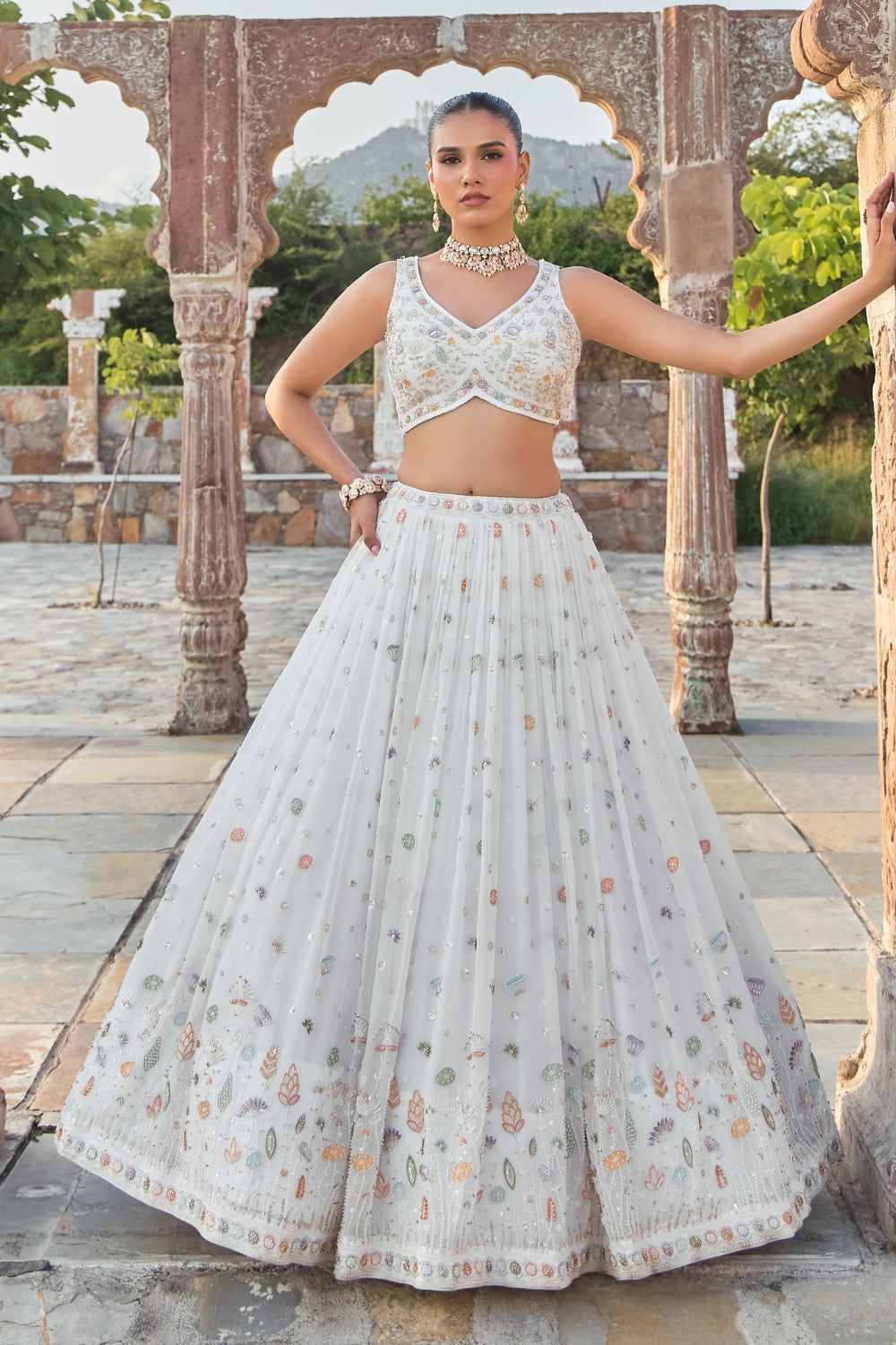 White Organza Lehenga Set with Zardosi and Moti Work