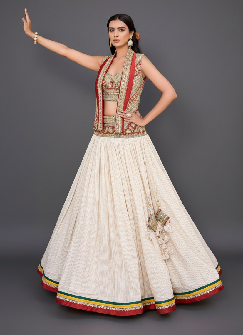 White Silk Lehenga Set with Mirror and Sequins Work