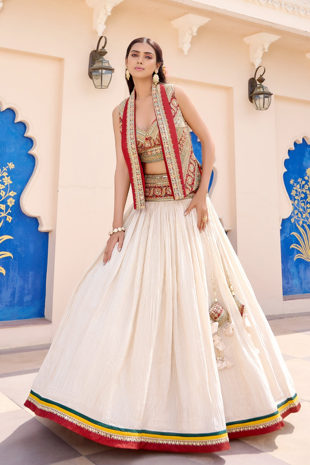 White Silk Lehenga Set with Mirror and Sequins Work
