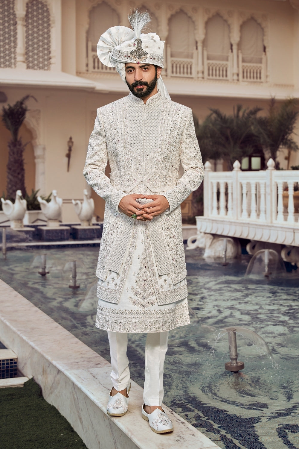 White Silk Sherwani with Sequins and Resham Embroidery