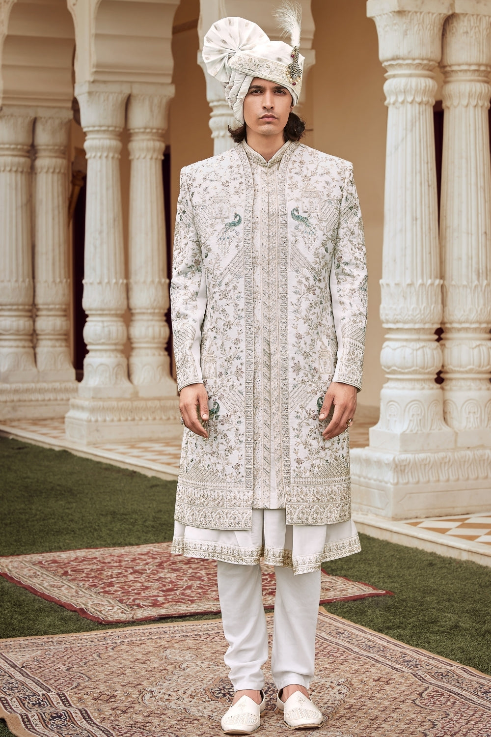 White Silk Sherwani with Stone and Sequins Work