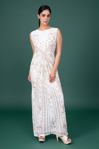 White Sleeveless Tulle Gown With Sunburst Gold Sequin And Floral Embroidery.