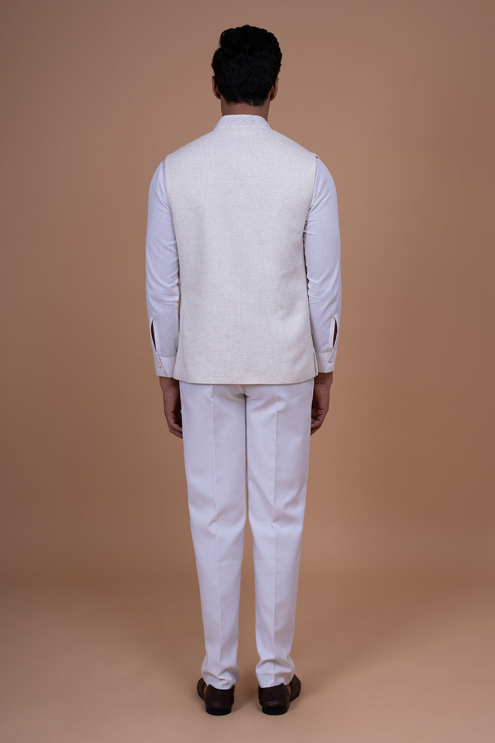 White Textured Waistcoat with Lace Border and Pintuck Kurta