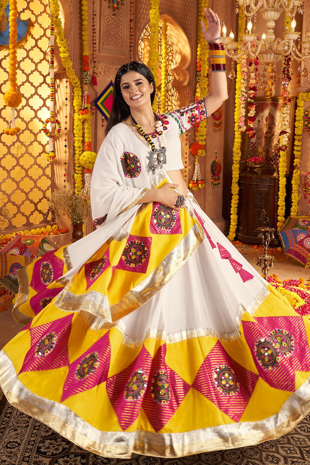 White Viscose Cotton Navratri Lehenga Choli With Thread Embriodered And Jacquard Patch Work