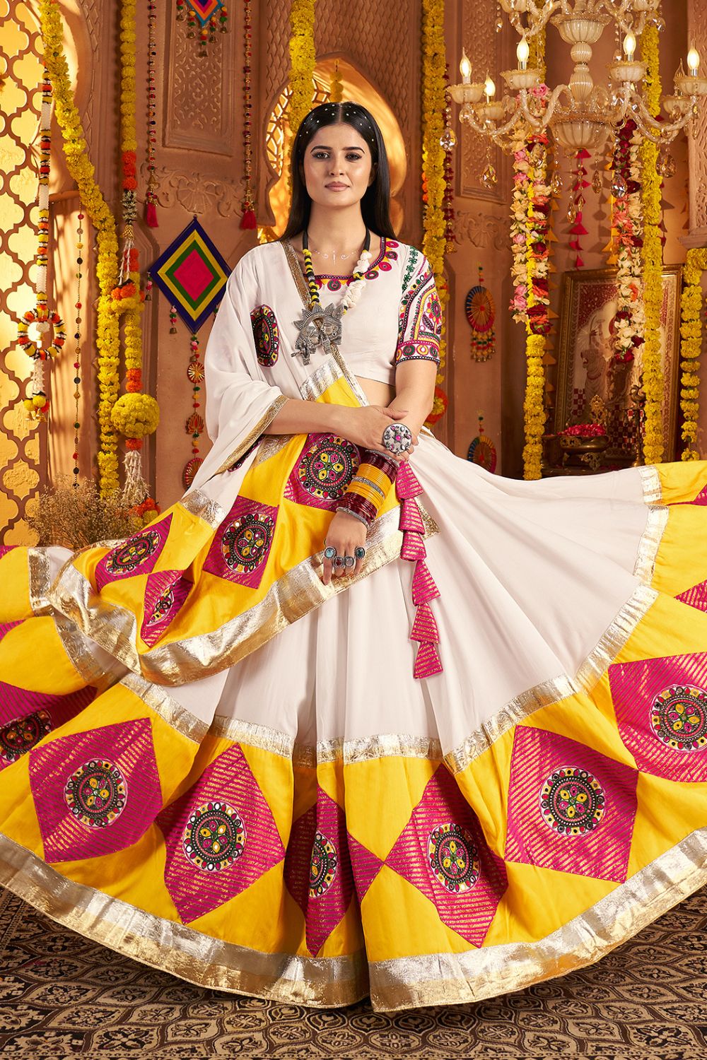 White Viscose Cotton Navratri Lehenga Choli With Thread Embriodered And Jacquard Patch Work