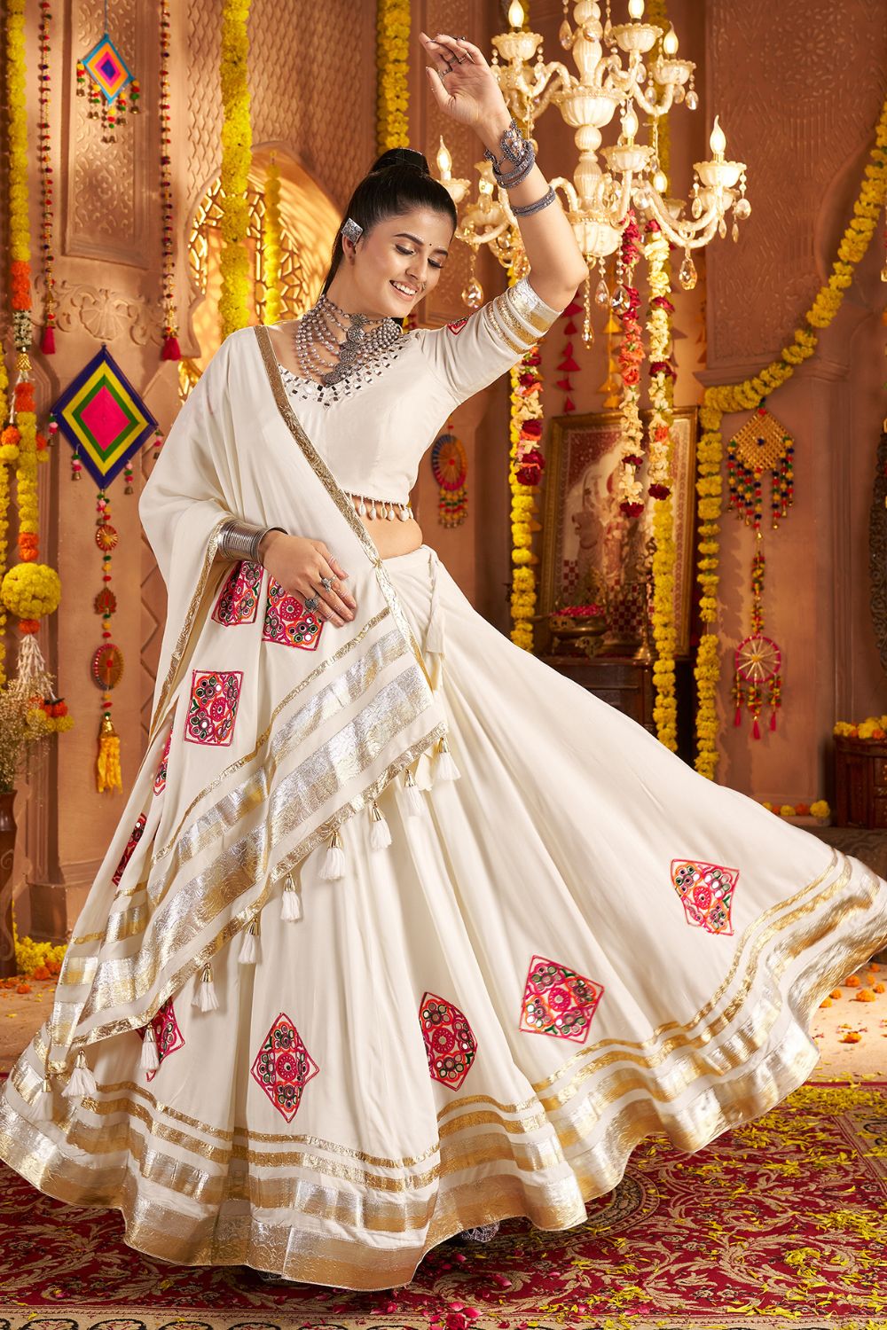 White Viscose Rayon Navratri Lehenga Choli With Thread Embroidery Work