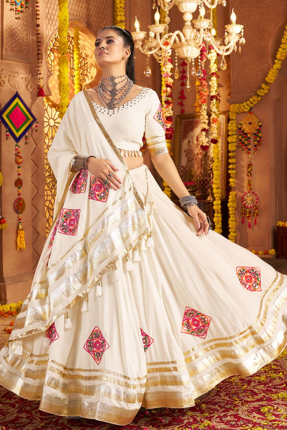 White Viscose Rayon Navratri Lehenga Choli With Thread Embroidery Work