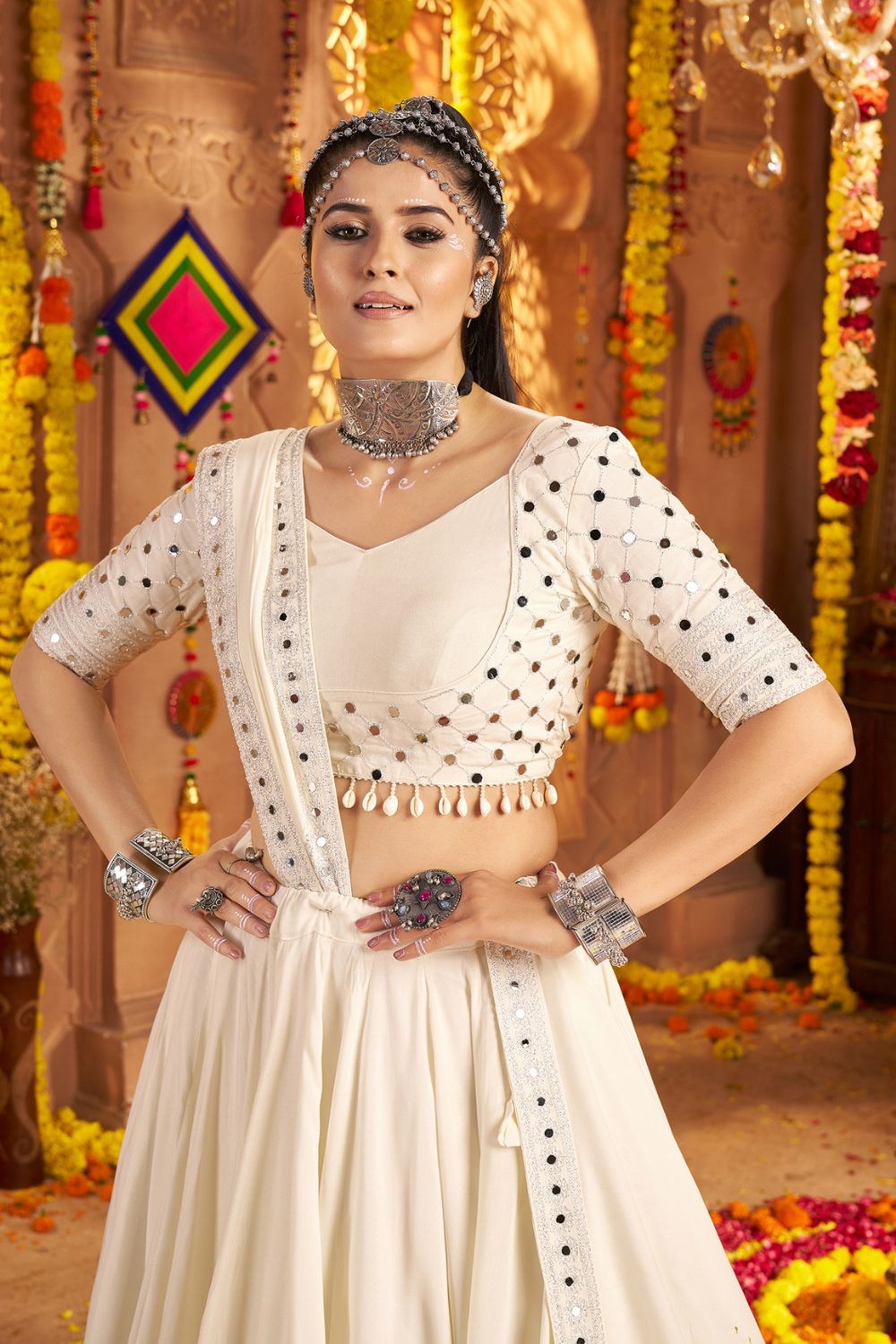 White Viscose Rayon Navratri Lehenga Choli with Thread Embroidery Work