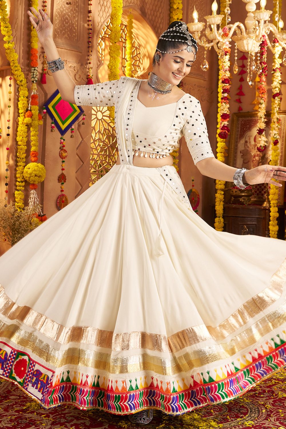 White Viscose Rayon Navratri Lehenga Choli with Thread Embroidery Work