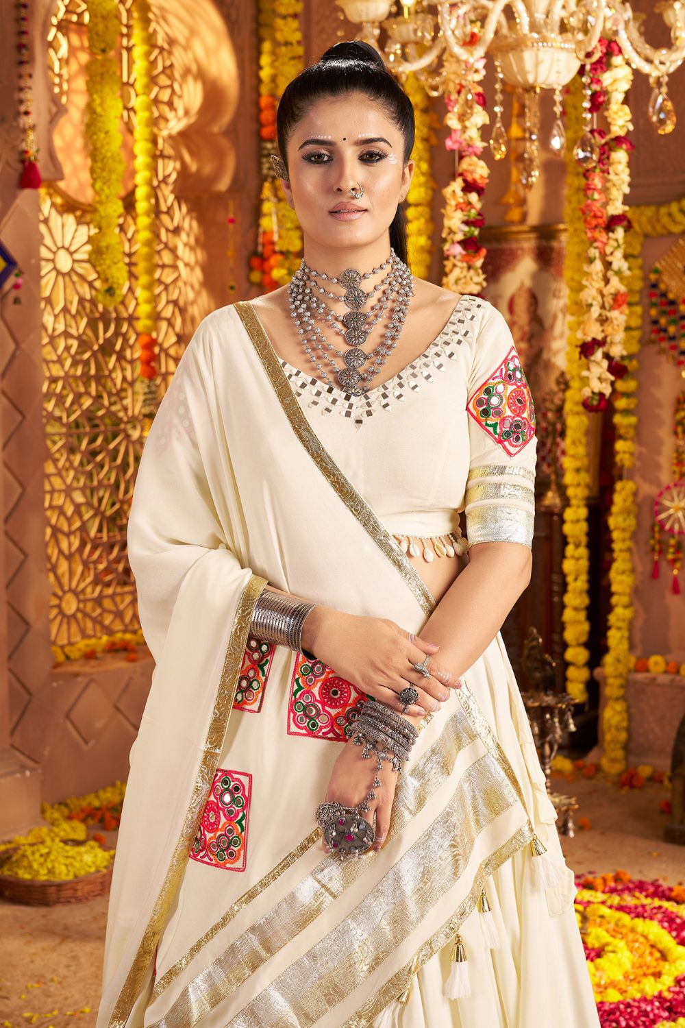 White Viscose Rayon Navratri Lehenga Choli With Thread Embroidery Work