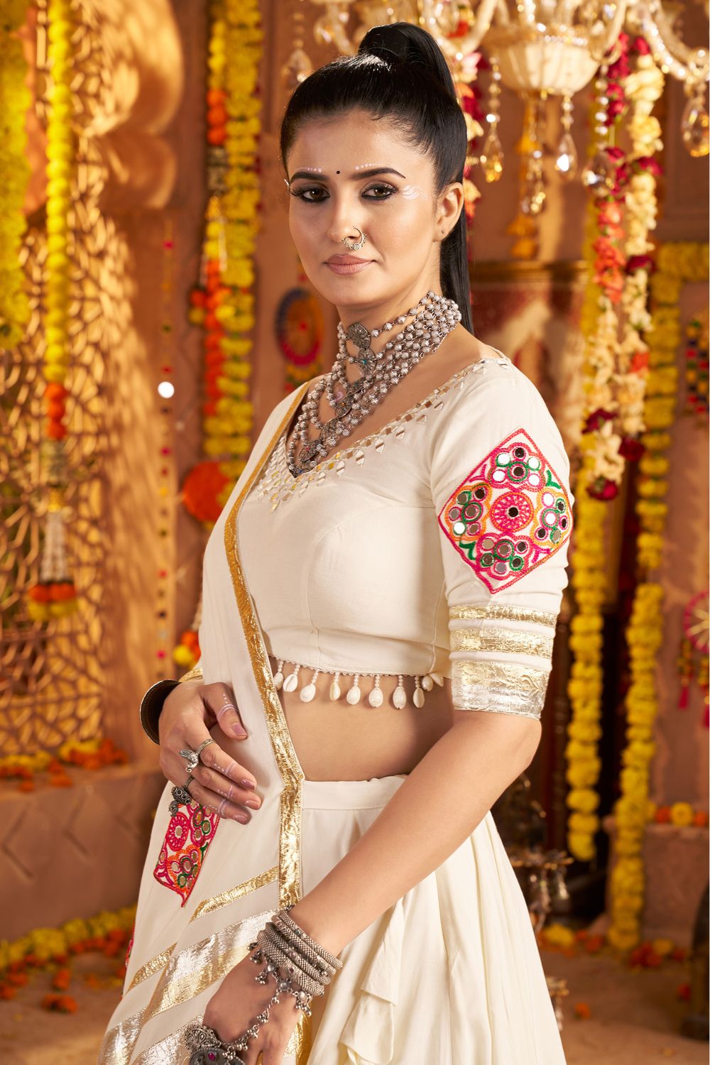 White Viscose Rayon Navratri Lehenga Choli With Thread Embroidery Work