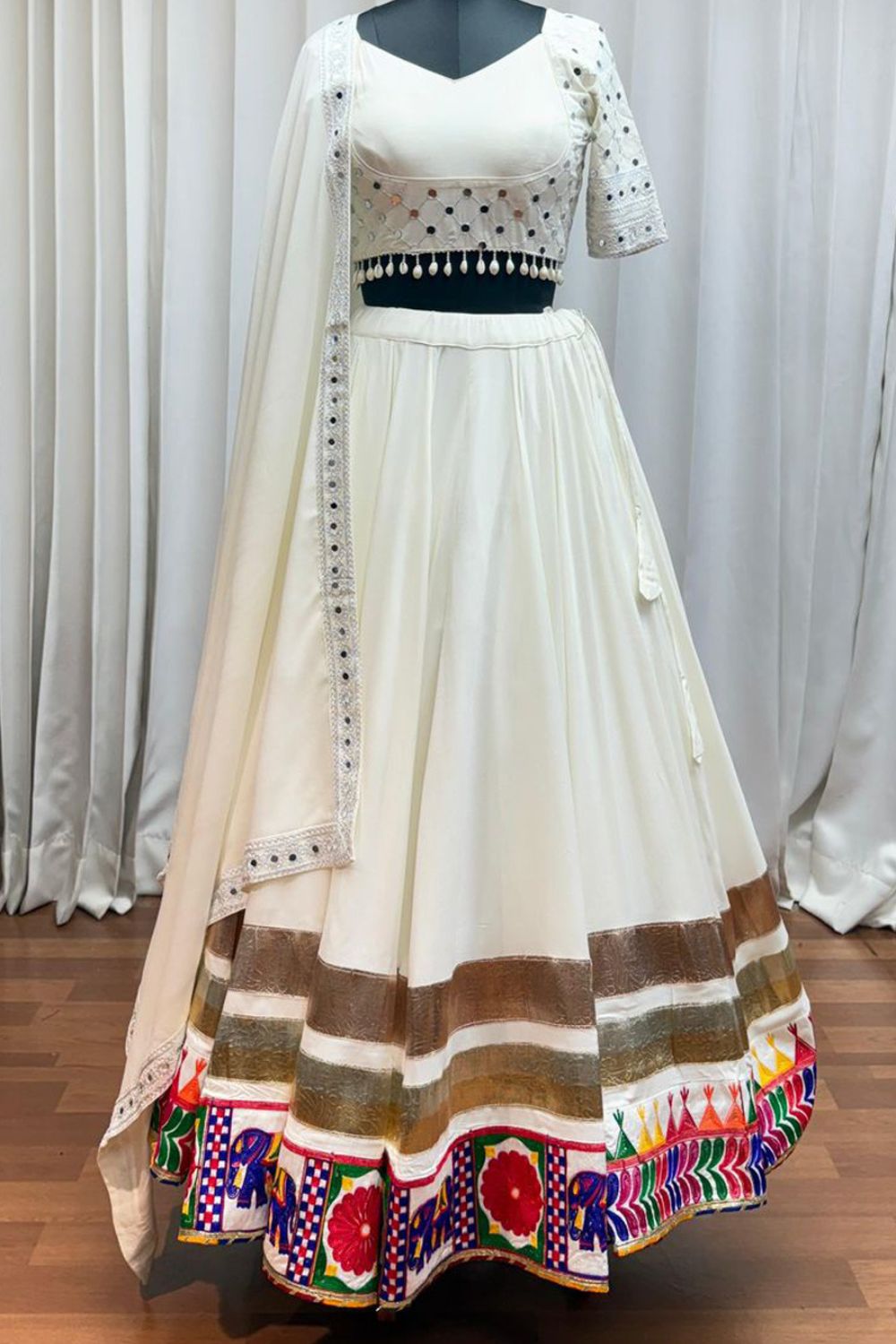 White Viscose Rayon Navratri Lehenga Choli with Thread Embroidery Work