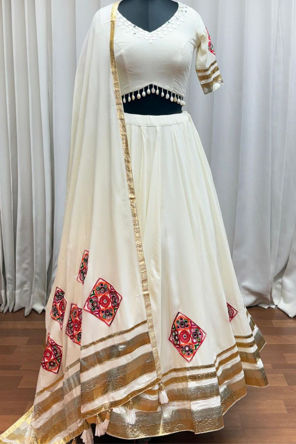White Viscose Rayon Navratri Lehenga Choli With Thread Embroidery Work