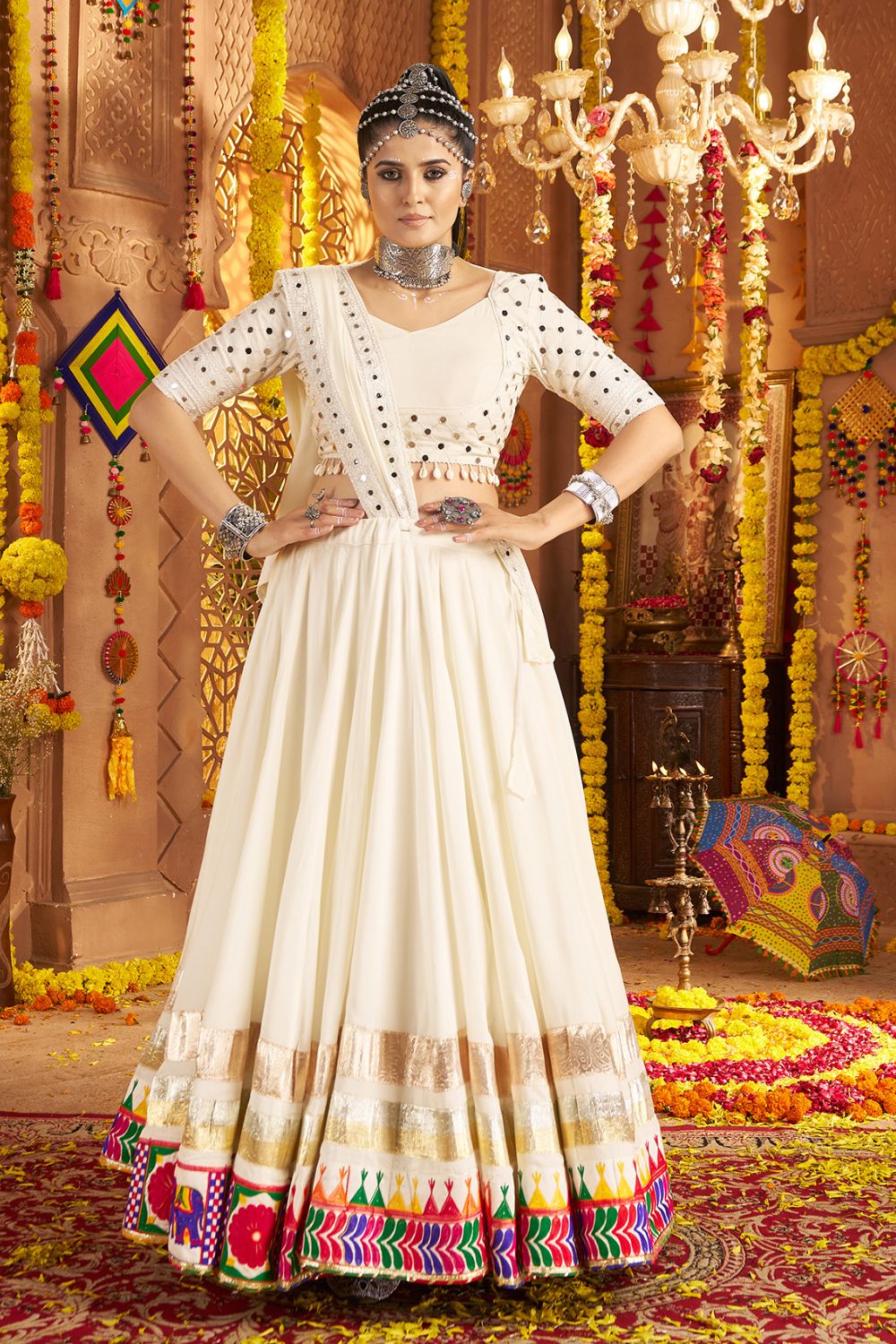 White Viscose Rayon Navratri Lehenga Choli with Thread Embroidery Work